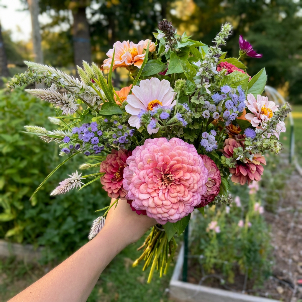 Farmer tending to flower field